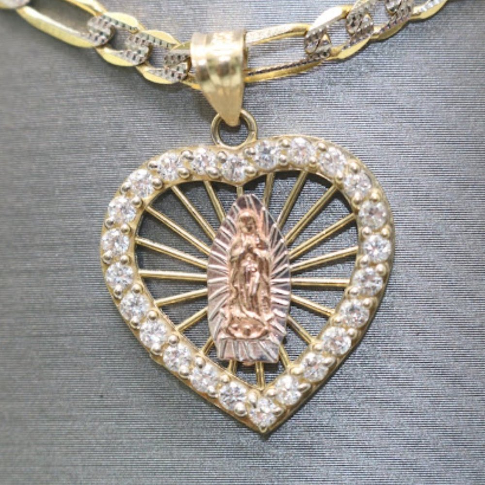 14kt Tri-tone Sapphire Heart Virgin Mary Pendant with 14kt Solid Figaro Chain
